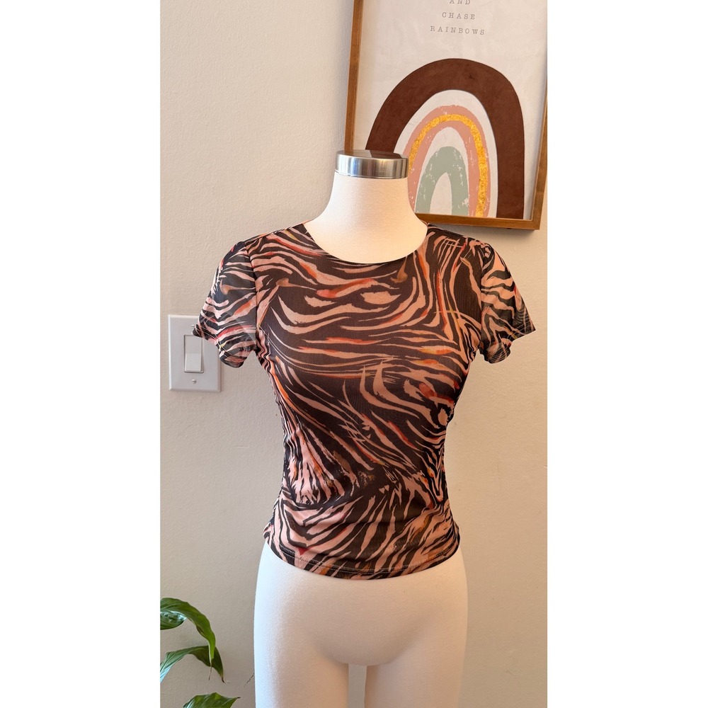 Tiger Mist Mesh Baby Tee Womens Medium Brown Tiger Stripe Animal Print Y2K